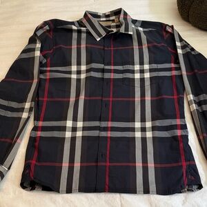 Burberry Men's Dark Blue and Red Plaid Shirt